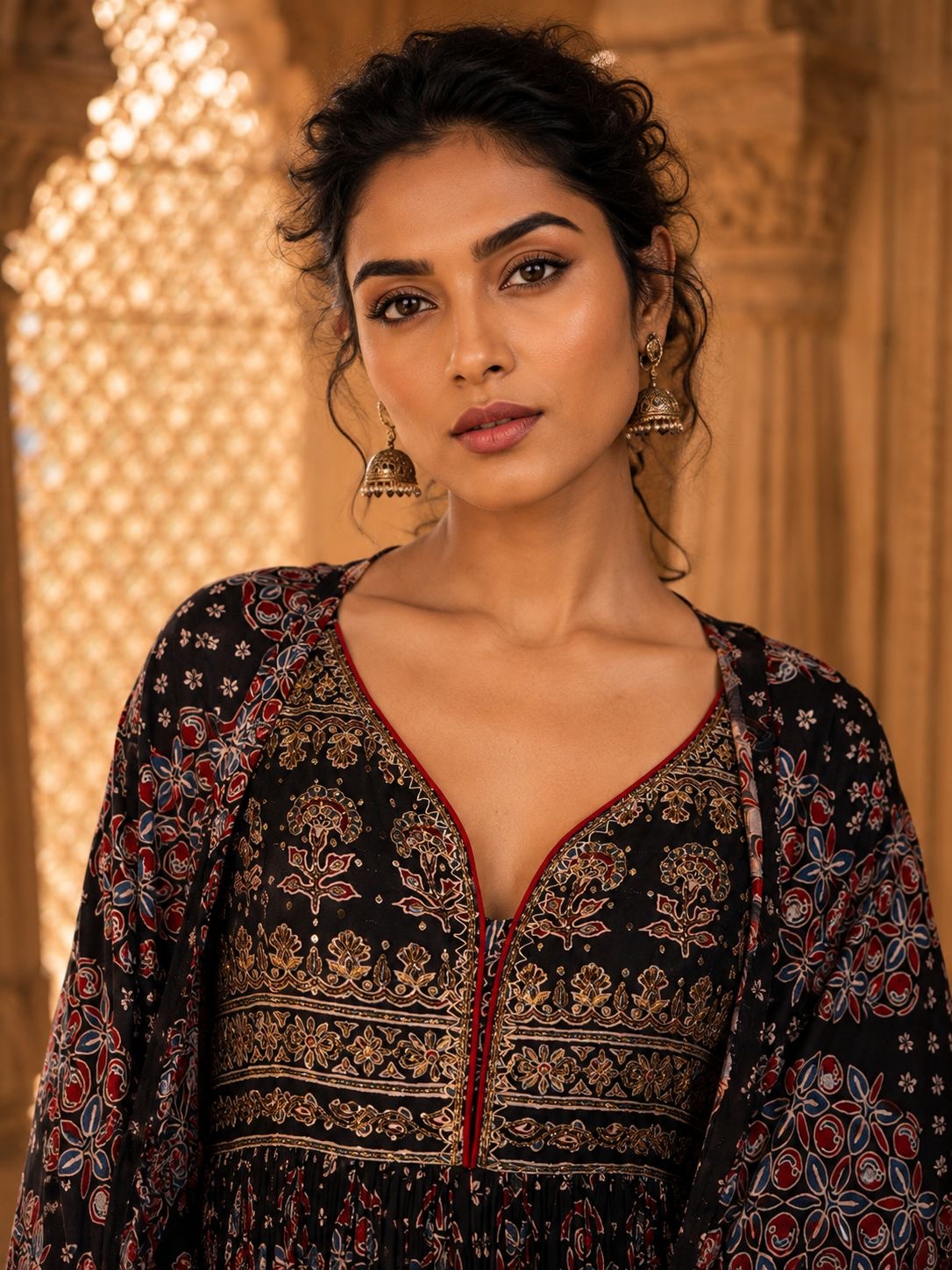 Black Ajrakh Print Anarkali Gown with Embroidered Yoke