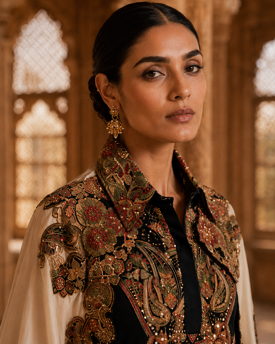 Black Embroidered Kurta Set with Sharara & Appliqué Cape — Indo Western