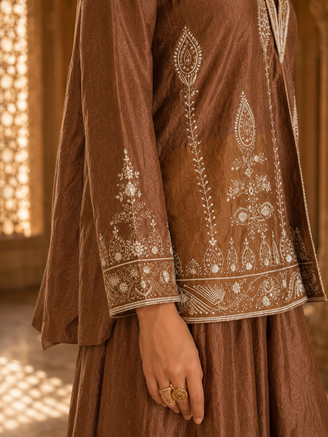 Brown Embroidered Jacket with Two-Toned Sharara — Indo Western Set