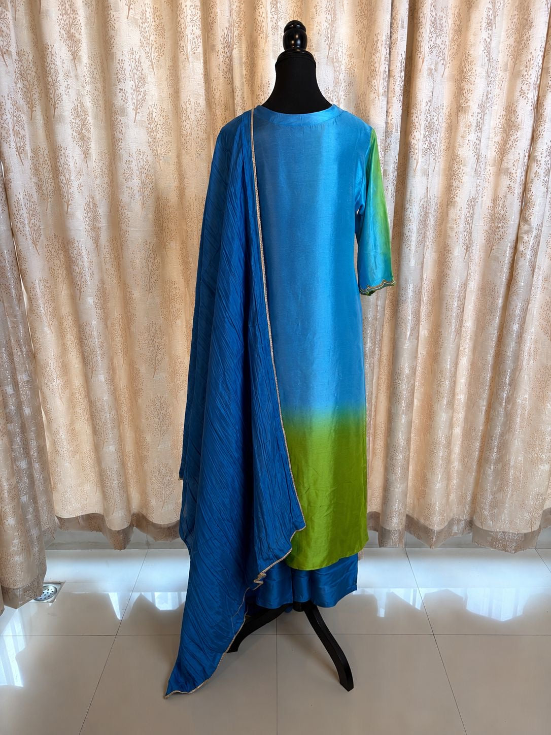 Green & Blue Ombré Embroidered Kurta Set with Pants & Dupatta