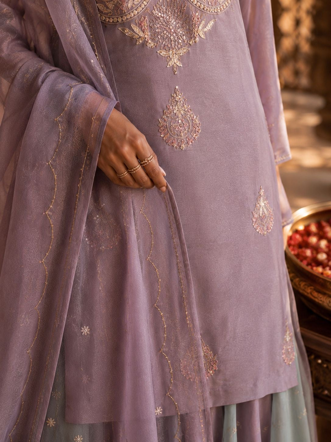 Mauve & Powder Blue Silk Chanderi Embroidered Kurta Set with Skirt & Dupatta