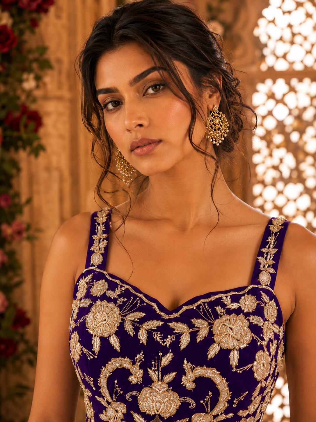 Purple Thread & Beadwork Embroidered Peplum Top with Palazzo Pants — Indo Western Set