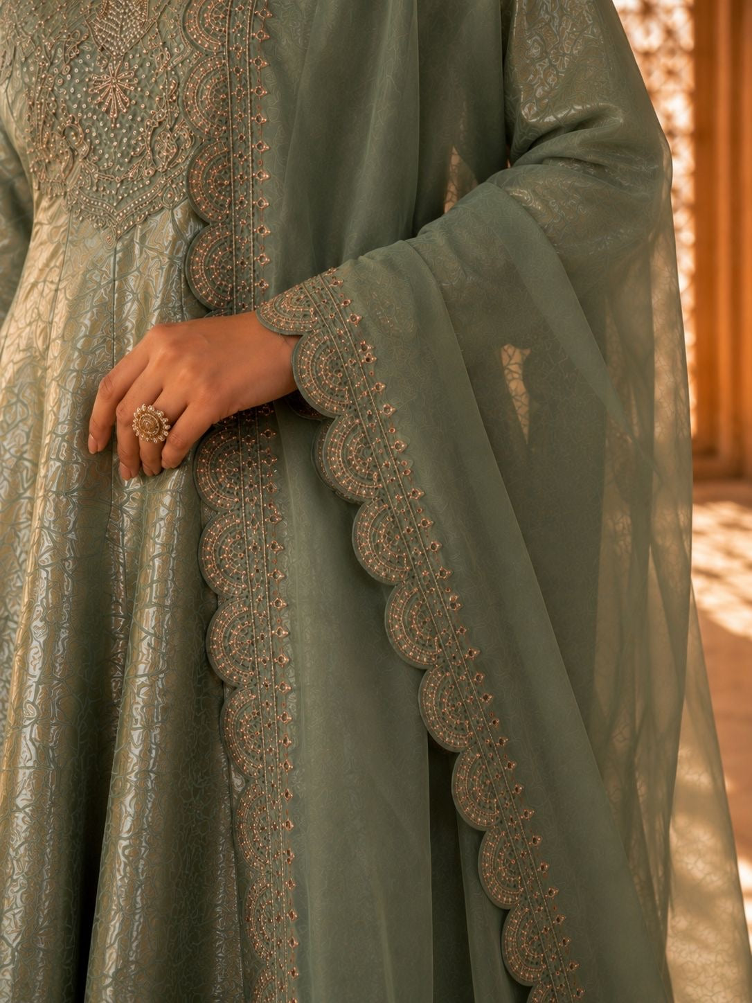Sage Green Brocade Anarkali Kurta Set with Scalloped Dupatta & Pants