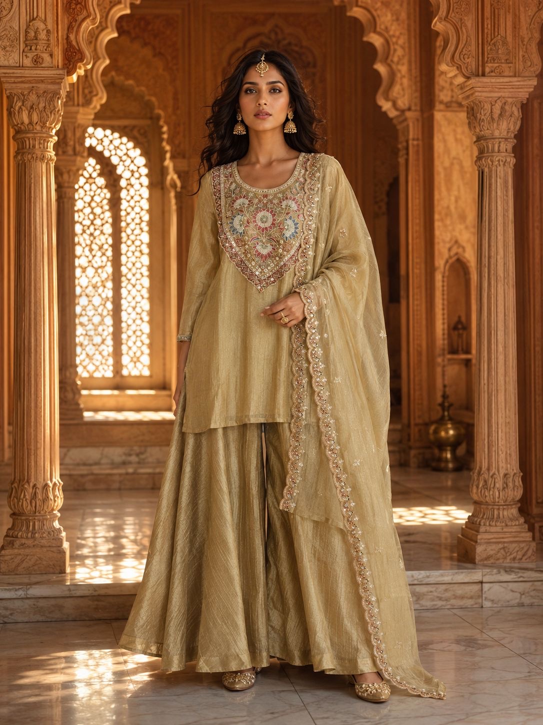 Antique Gold Floral Embroidered Kurta with Sharara & Dupatta — Festive Set
