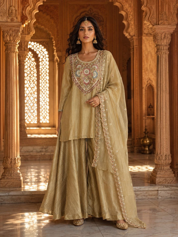 Antique Gold Floral Embroidered Kurta with Sharara & Dupatta — Festive Set