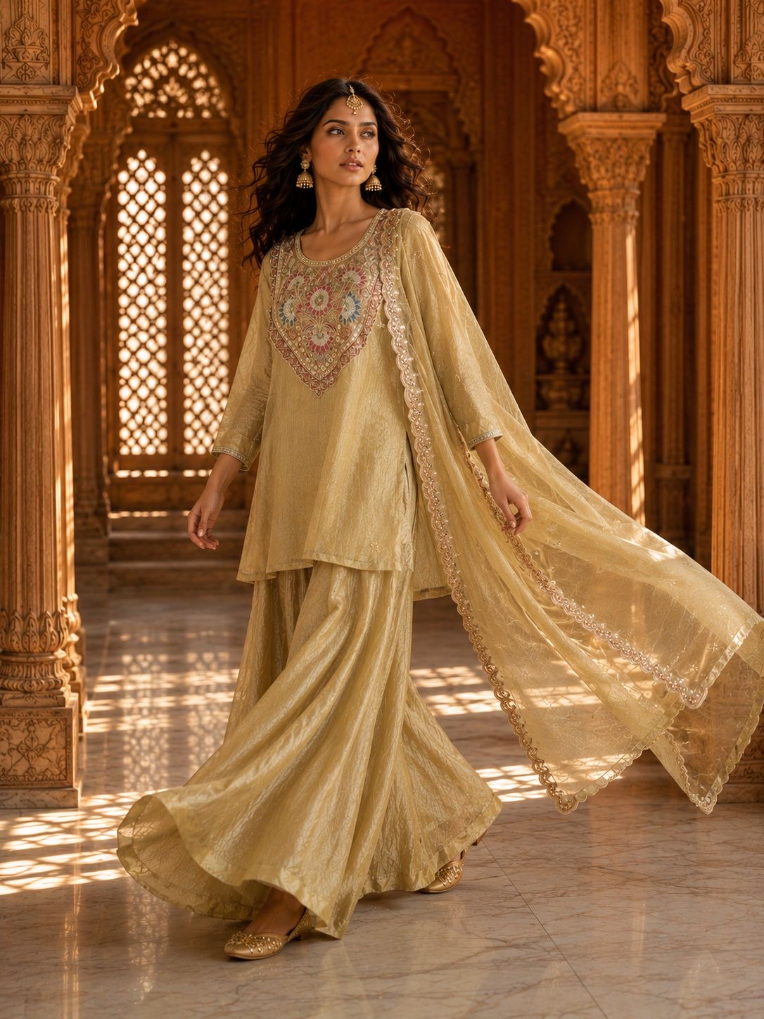 Antique Gold Floral Embroidered Kurta with Sharara & Dupatta — Festive Set