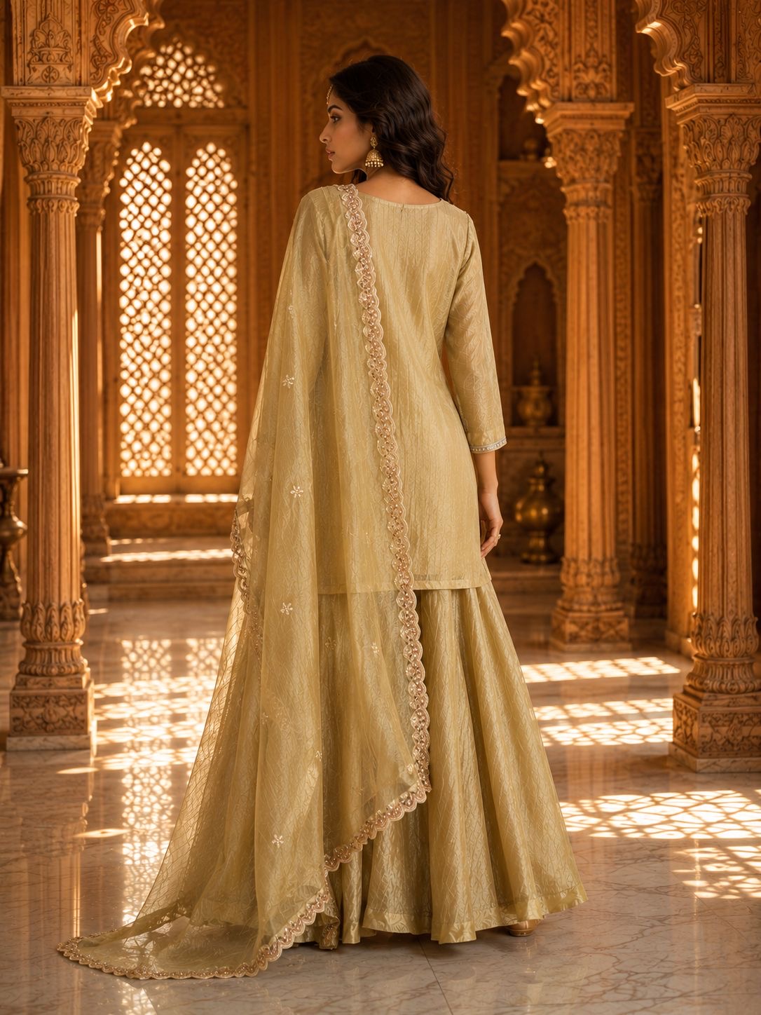 Antique Gold Floral Embroidered Kurta with Sharara & Dupatta — Festive Set