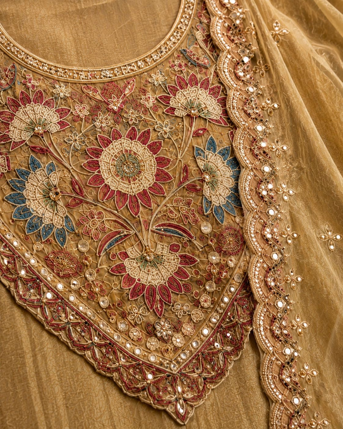 Antique Gold Floral Embroidered Kurta with Sharara & Dupatta — Festive Set