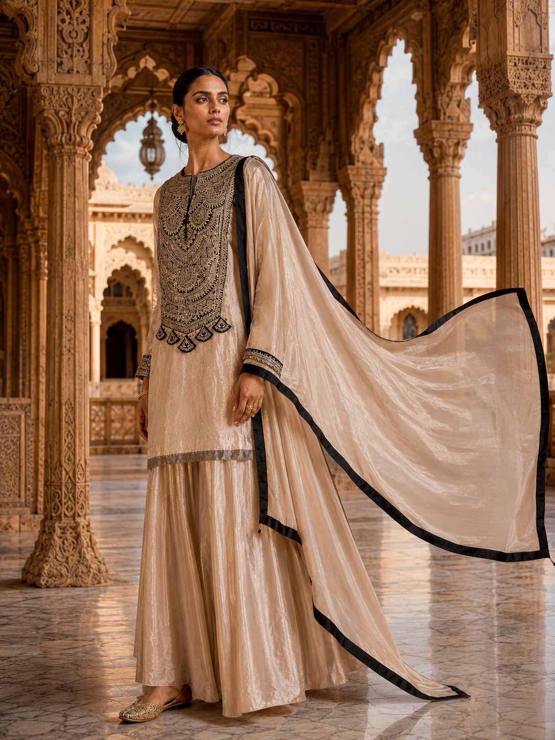 Beige Gold Tissue Silk Embroidered Kurta Set with Sharara & Dupatta