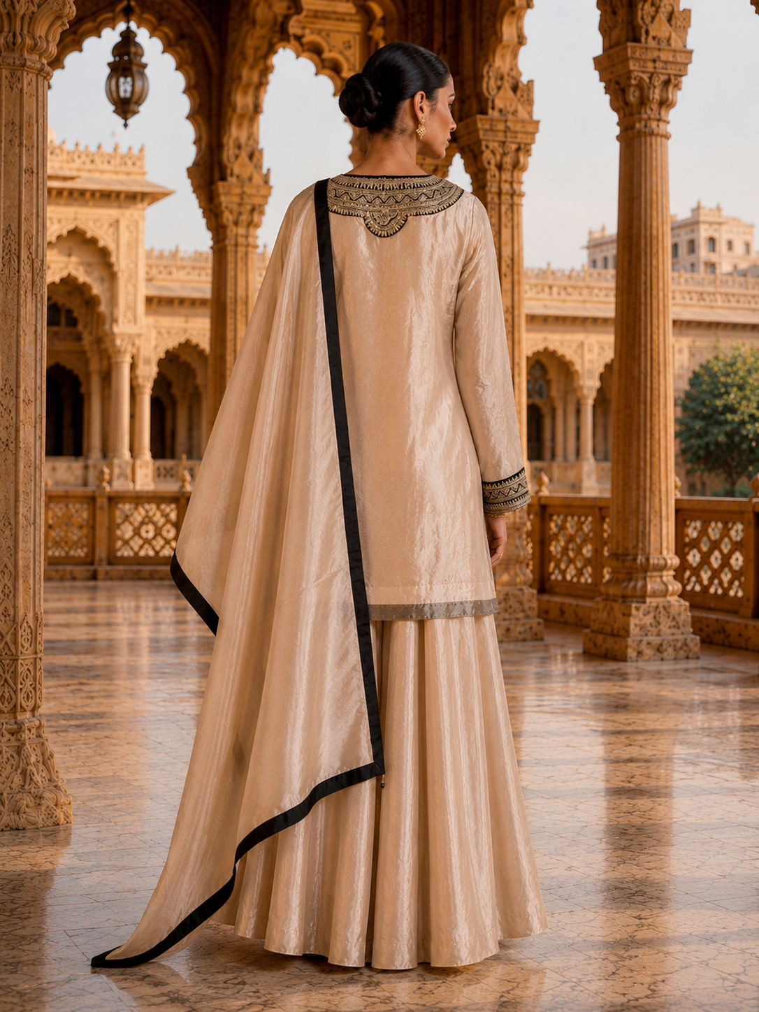 Beige Gold Tissue Silk Embroidered Kurta Set with Sharara & Dupatta