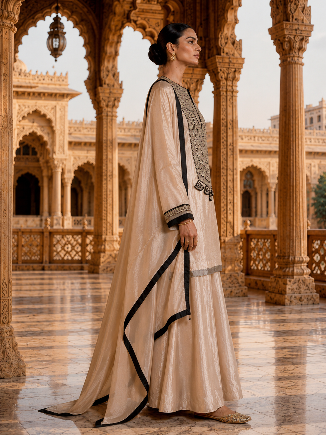 Beige Gold Tissue Silk Embroidered Kurta Set with Sharara & Dupatta