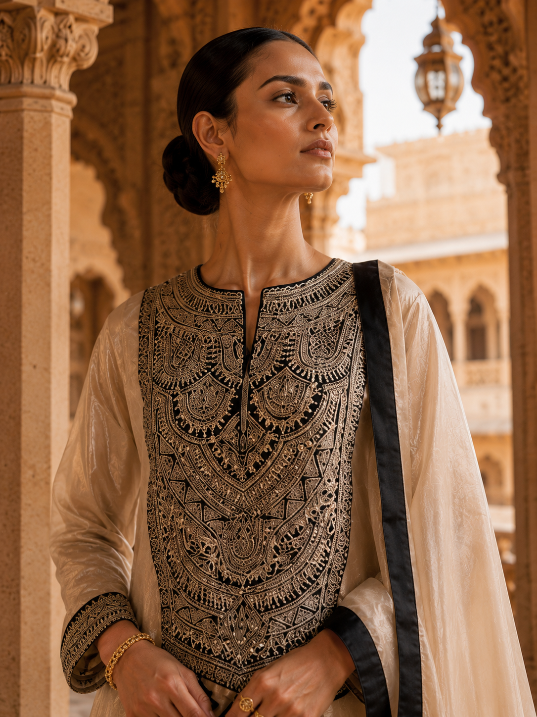 Beige Gold Tissue Silk Embroidered Kurta Set with Sharara & Dupatta