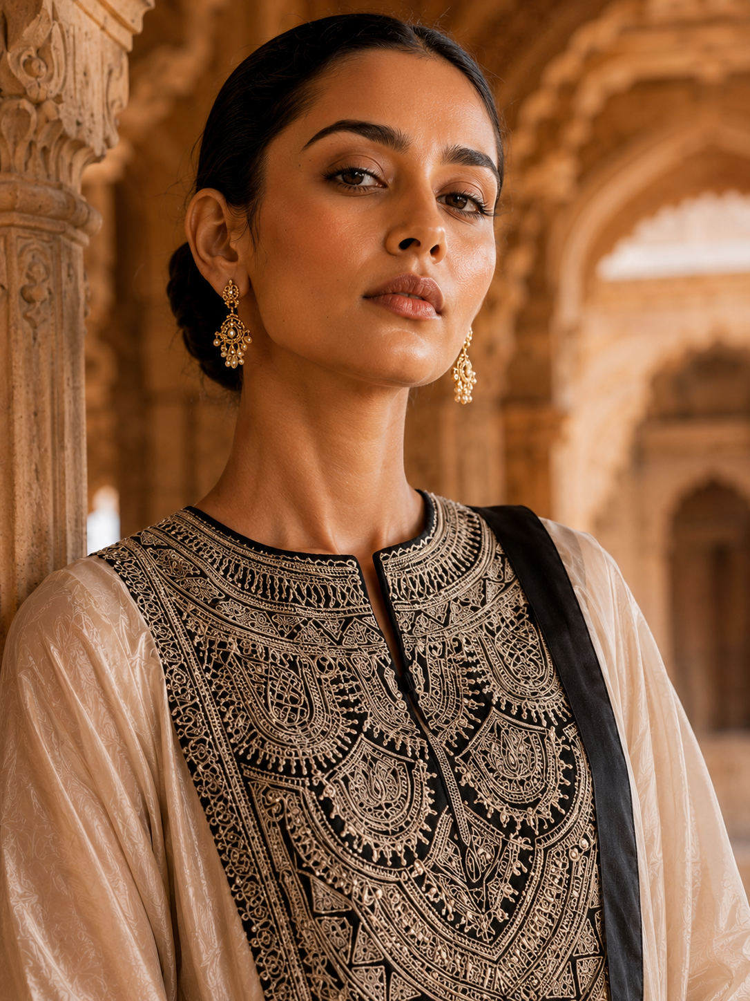 Beige Gold Tissue Silk Embroidered Kurta Set with Sharara & Dupatta