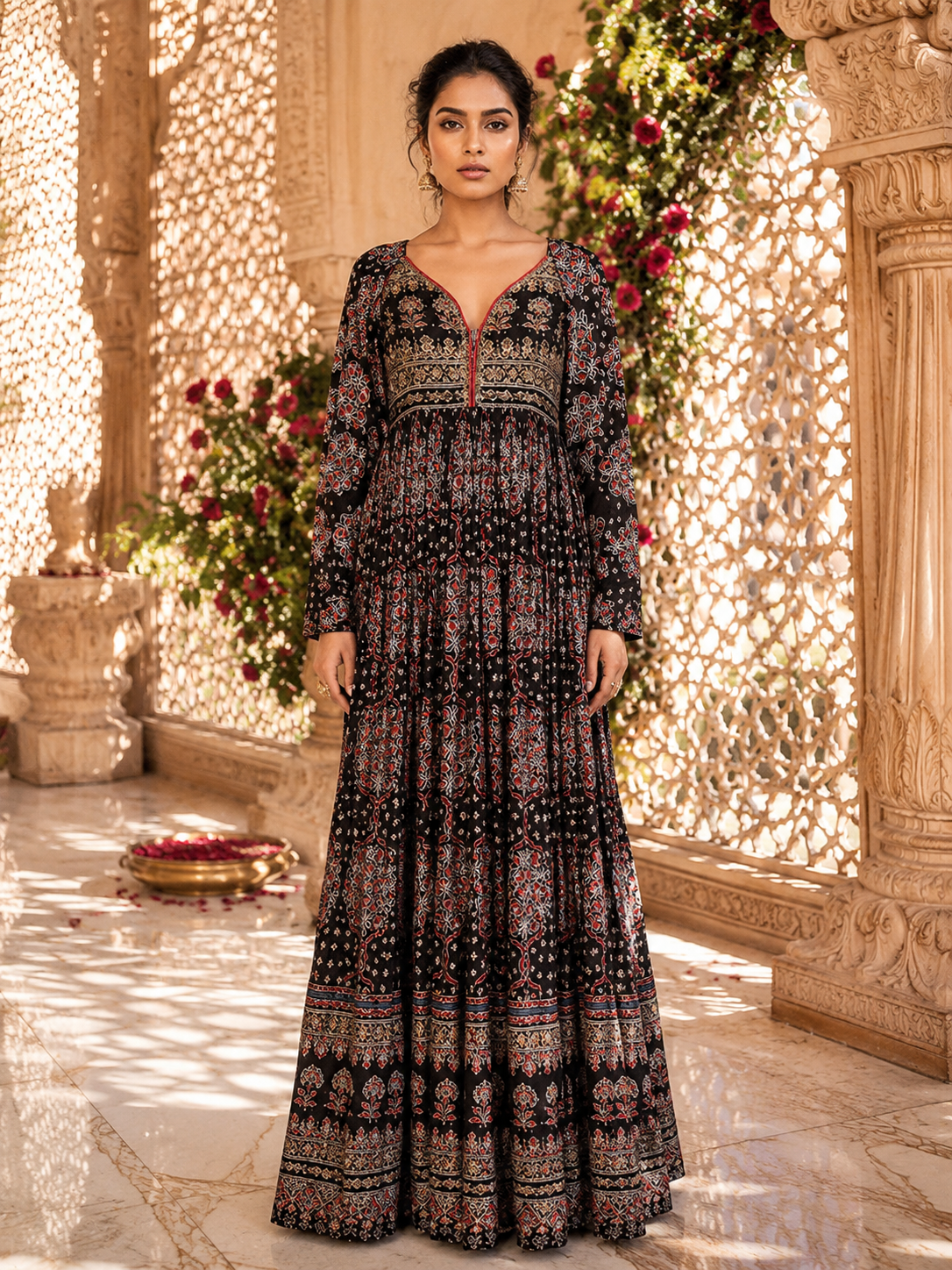 Black Ajrakh Print Anarkali Gown with Embroidered Yoke