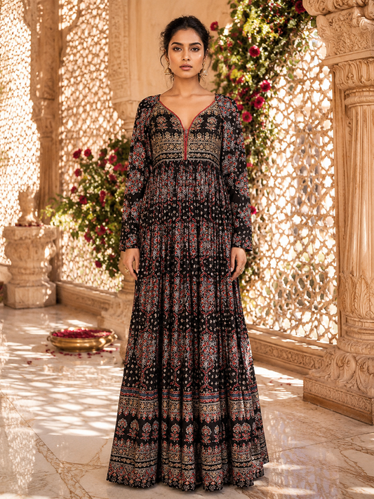 Black Ajrakh Print Anarkali Gown with Embroidered Yoke