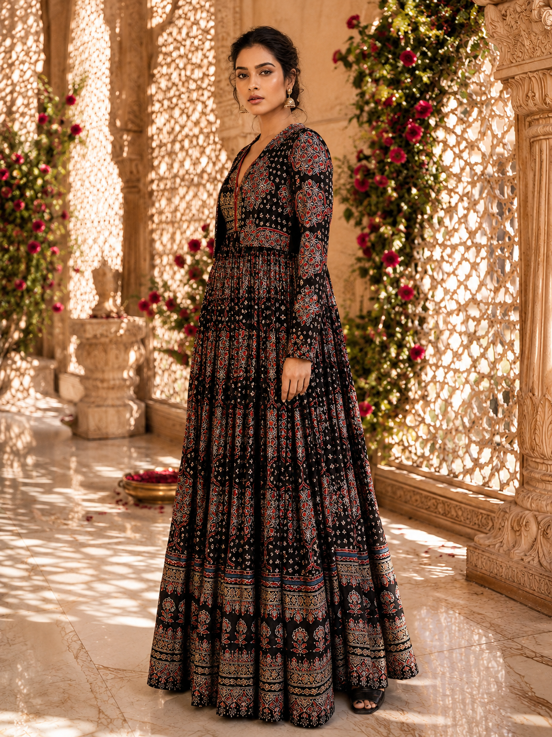 Black Ajrakh Print Anarkali Gown with Embroidered Yoke