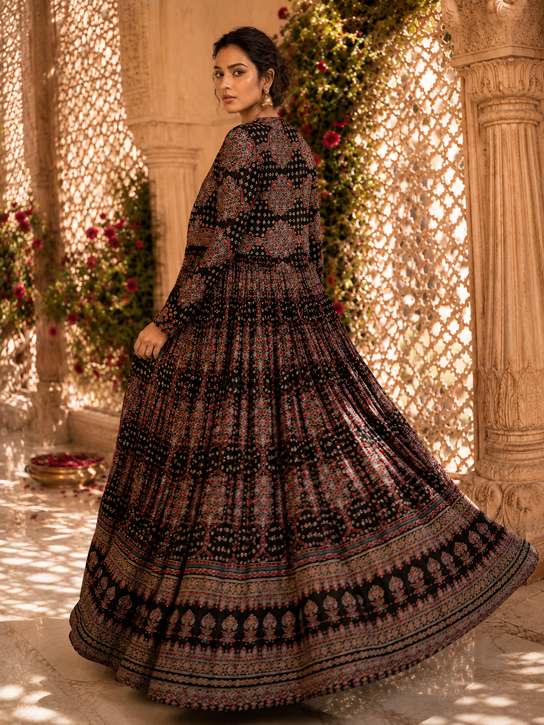 Black Ajrakh Print Anarkali Gown with Embroidered Yoke