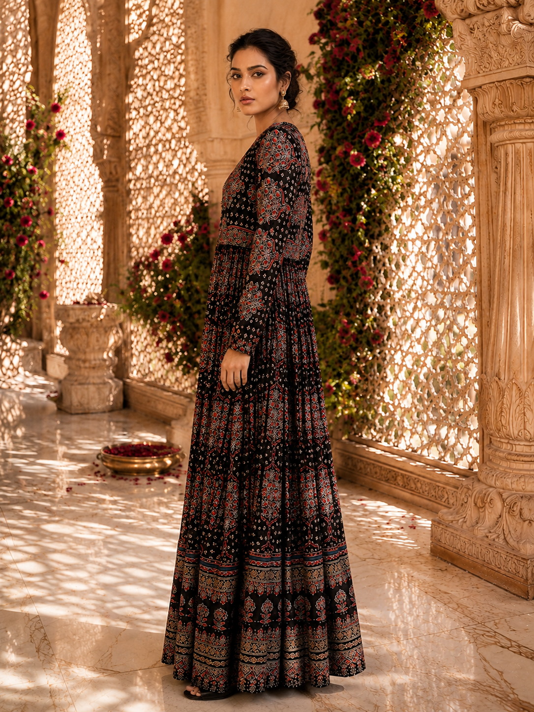 Black Ajrakh Print Anarkali Gown with Embroidered Yoke
