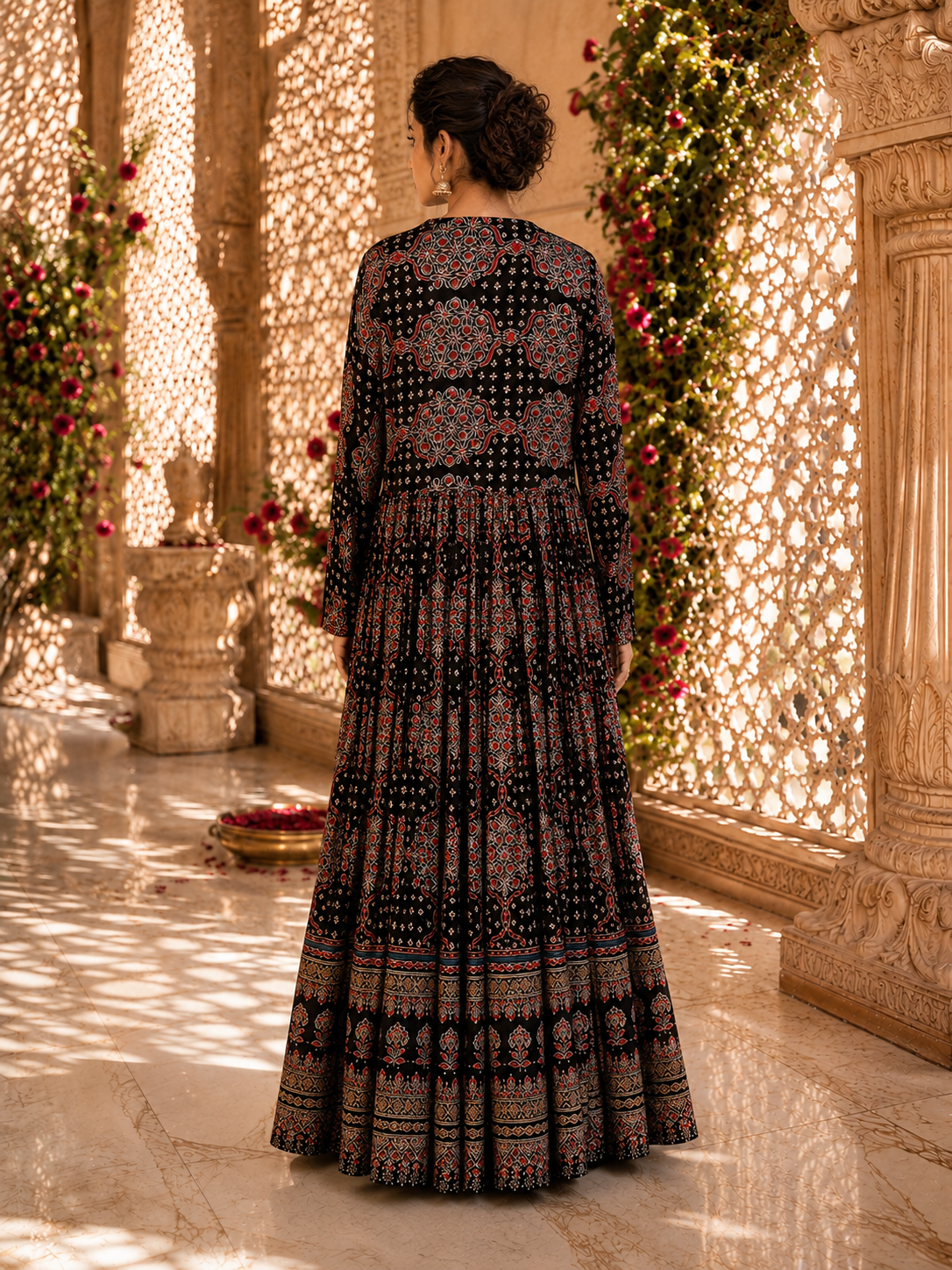 Black Ajrakh Print Anarkali Gown with Embroidered Yoke