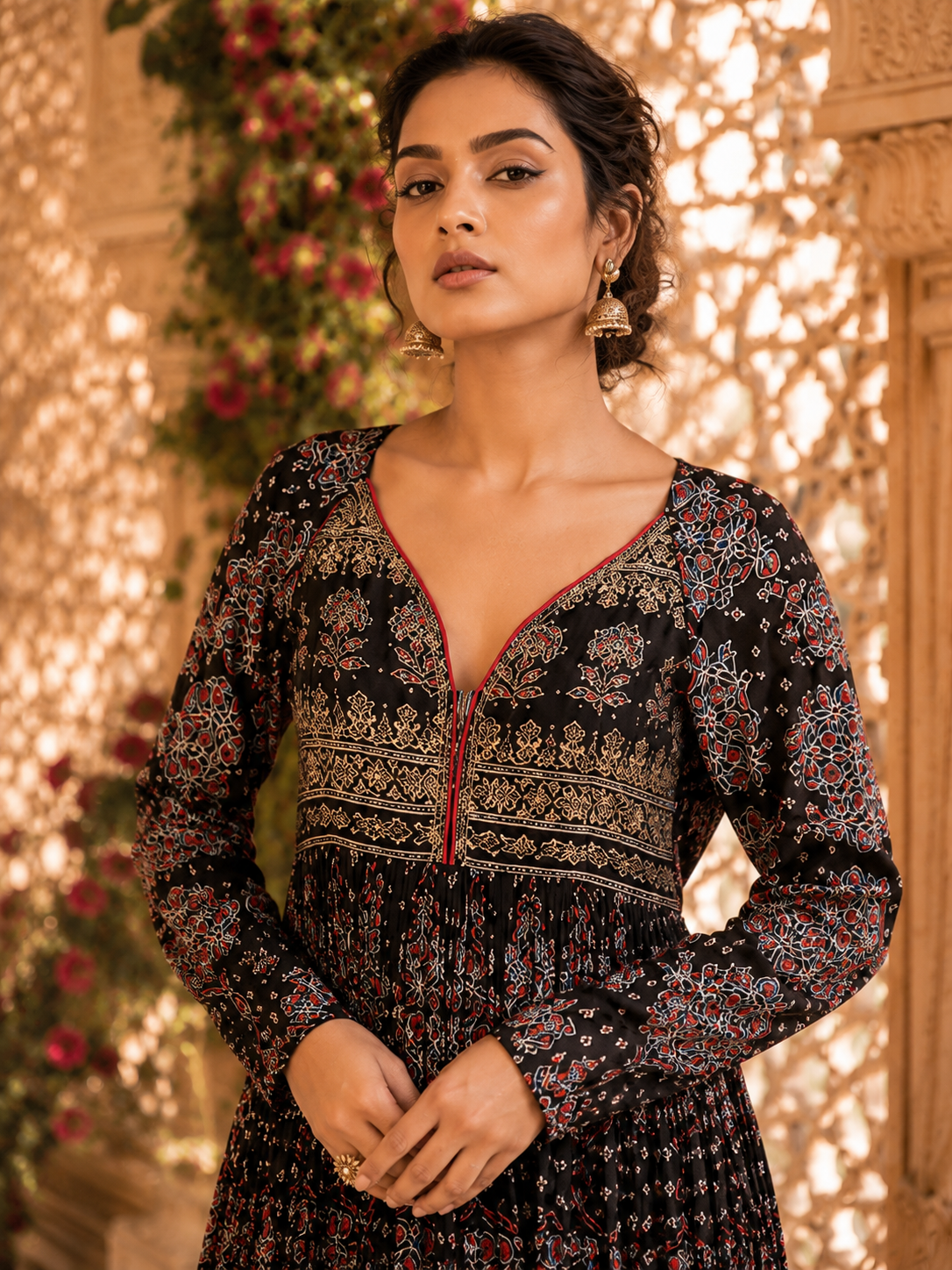Black Ajrakh Print Anarkali Gown with Embroidered Yoke