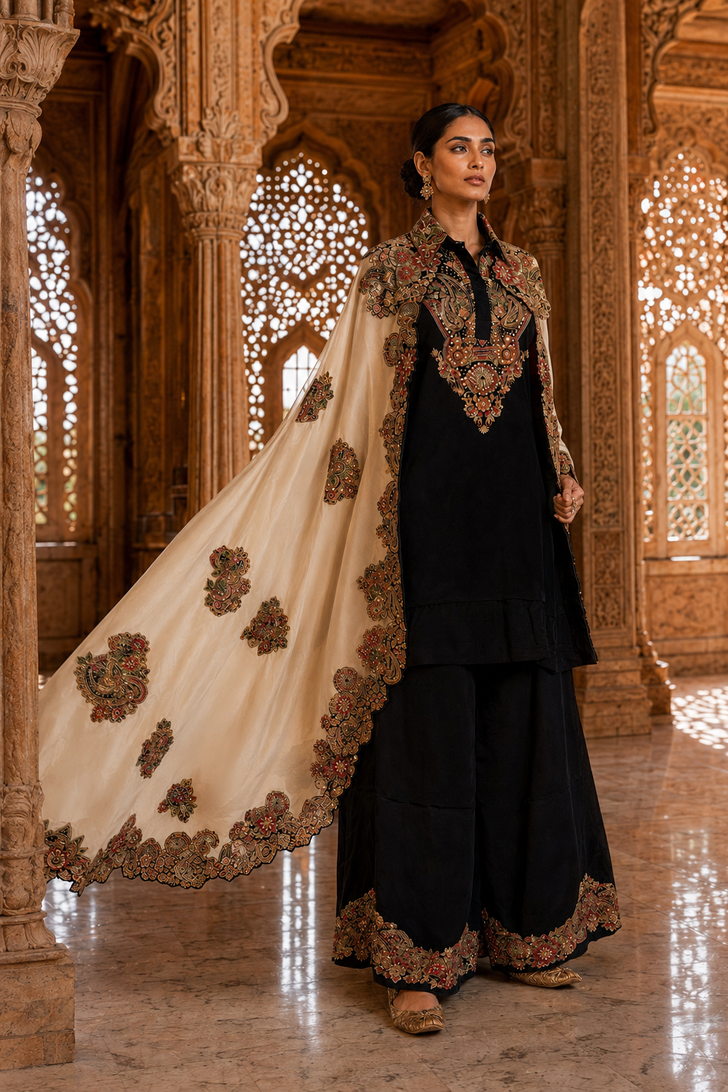 Black Embroidered Kurta Set with Sharara & Appliqué Cape — Indo Western