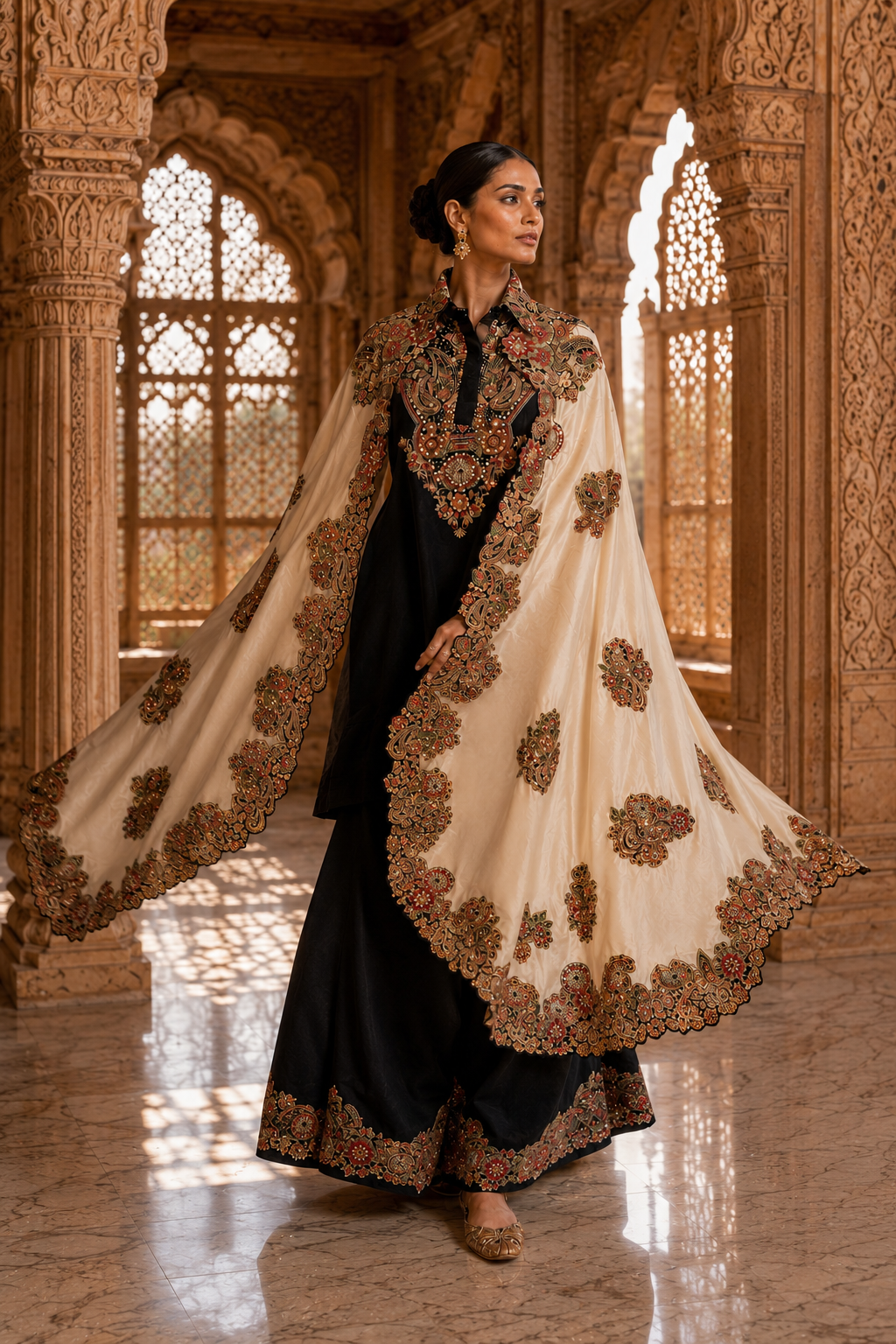 Black Embroidered Kurta Set with Sharara & Appliqué Cape — Indo Western