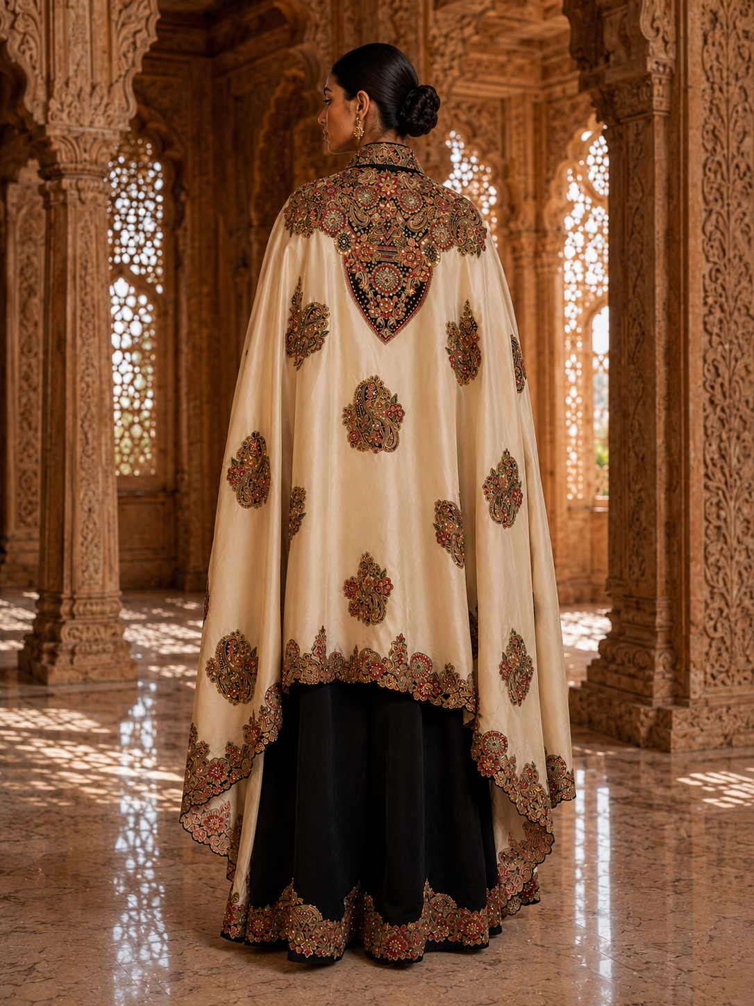 Black Embroidered Kurta Set with Sharara & Appliqué Cape — Indo Western