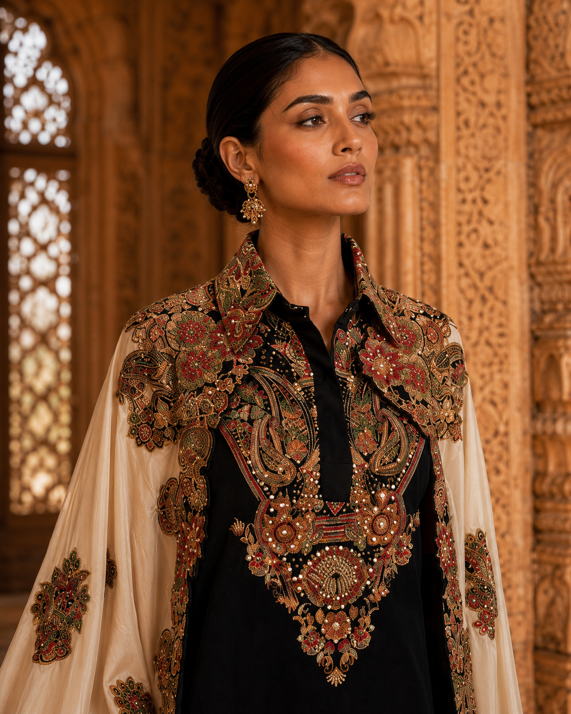 Black Embroidered Kurta Set with Sharara & Appliqué Cape — Indo Western