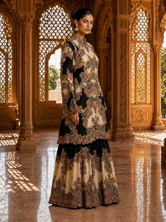 Black & Ivory Paisley Print Kurta Set with Sharara — Festive