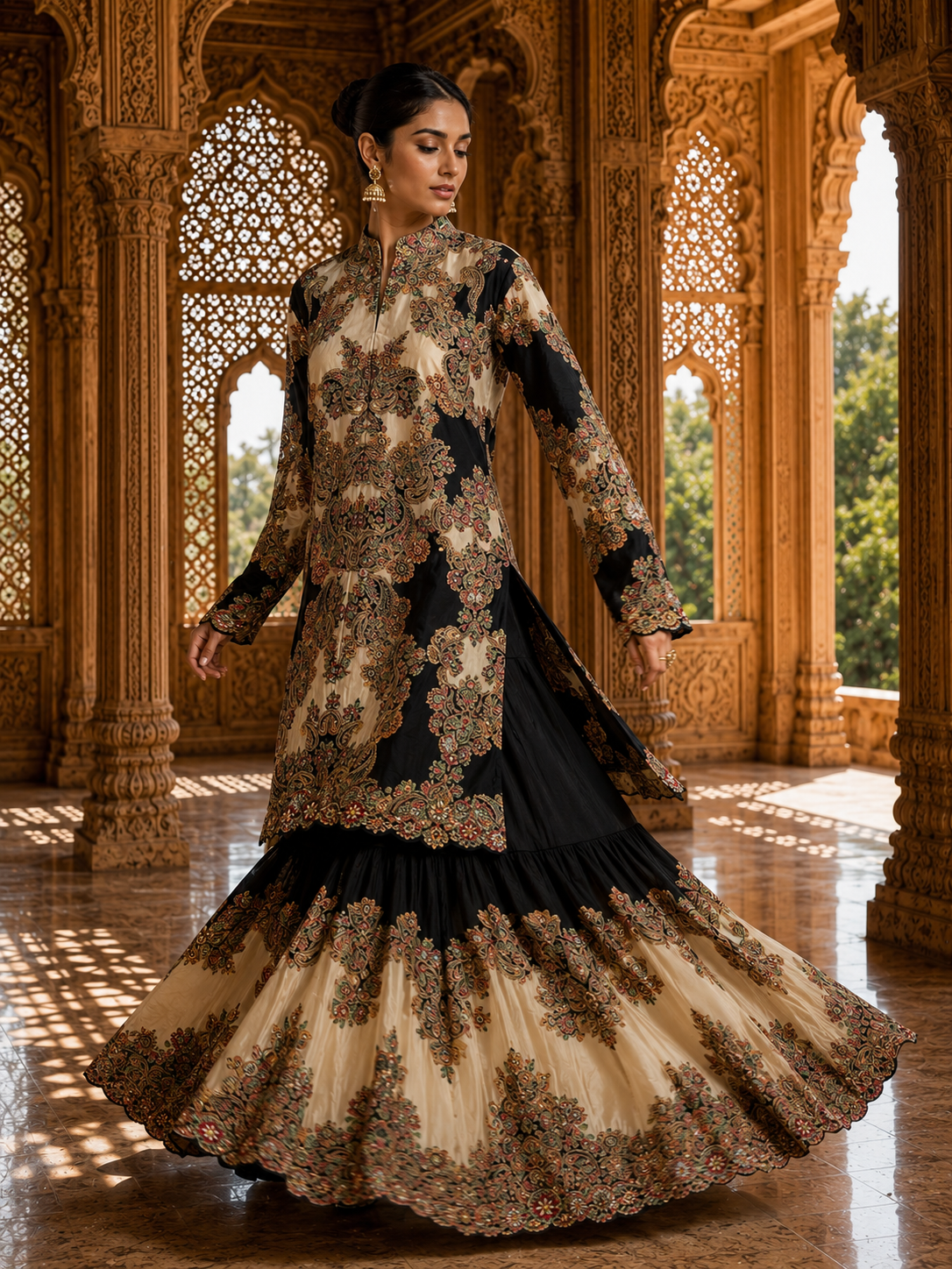Black & Ivory Paisley Print Kurta Set with Sharara — Festive
