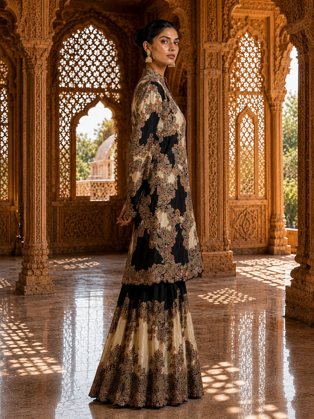Black & Ivory Paisley Print Kurta Set with Sharara — Festive