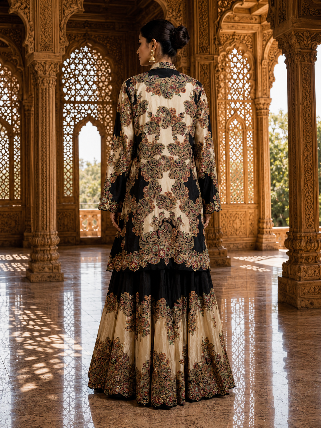 Black & Ivory Paisley Print Kurta Set with Sharara — Festive