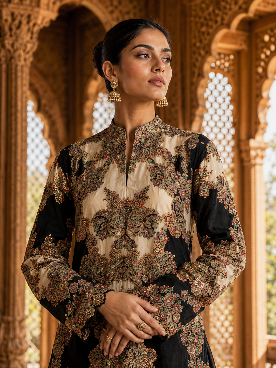 Black & Ivory Paisley Print Kurta Set with Sharara — Festive