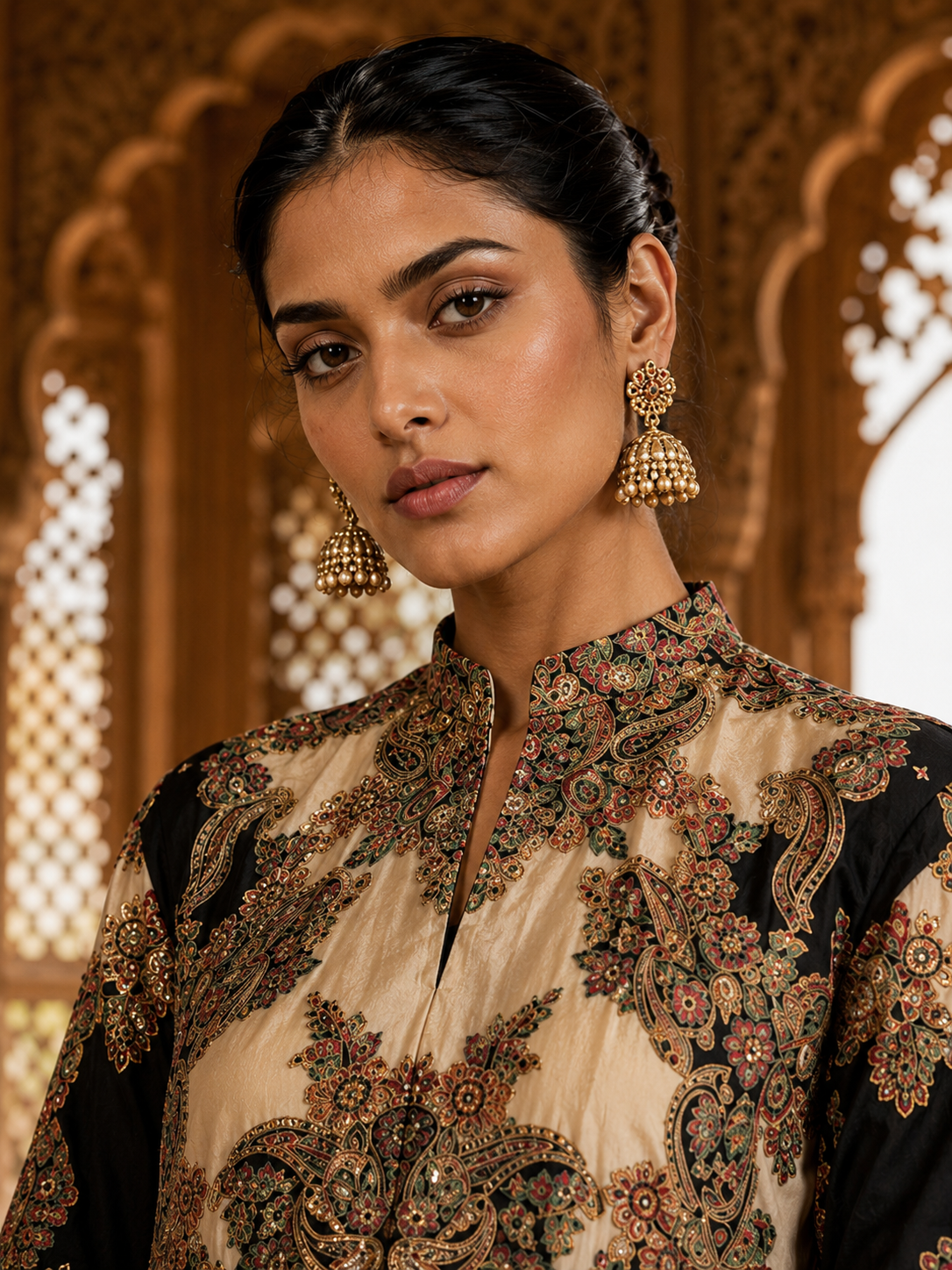 Black & Ivory Paisley Print Kurta Set with Sharara — Festive
