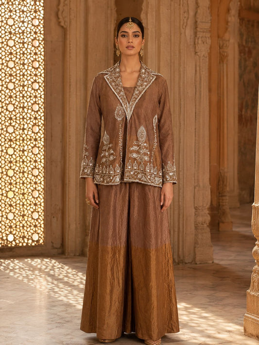 Brown Embroidered Jacket with Two-Toned Sharara — Indo Western Set