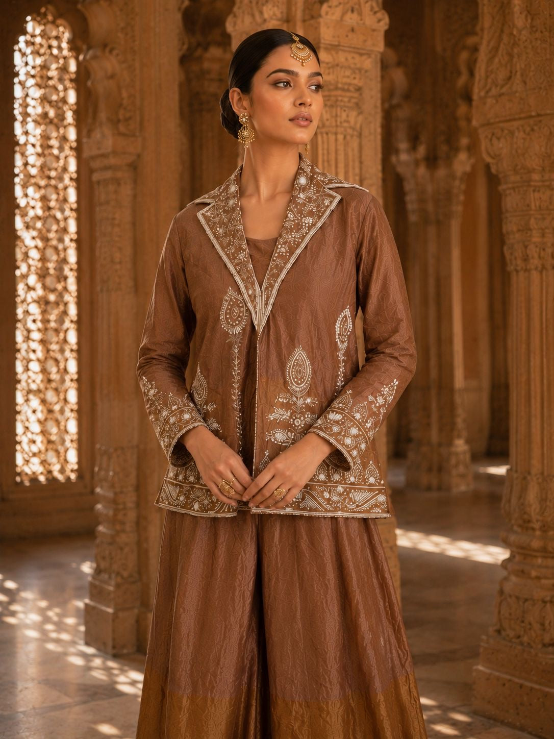 Brown Embroidered Jacket with Two-Toned Sharara — Indo Western Set