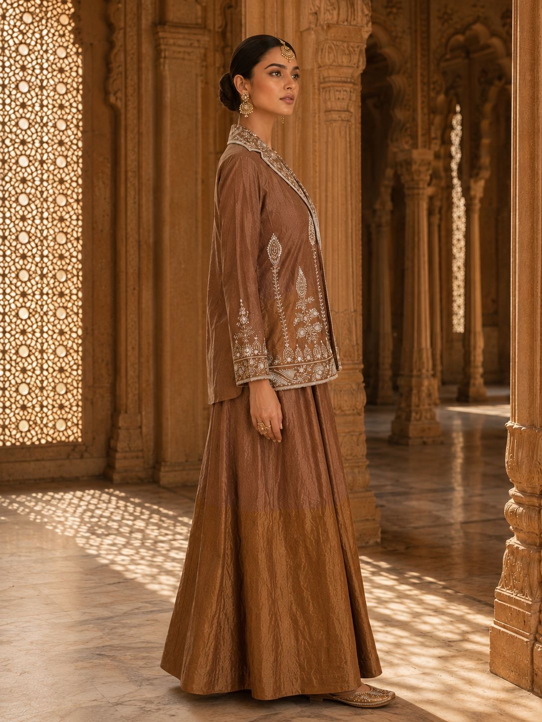 Brown Embroidered Jacket with Two-Toned Sharara — Indo Western Set
