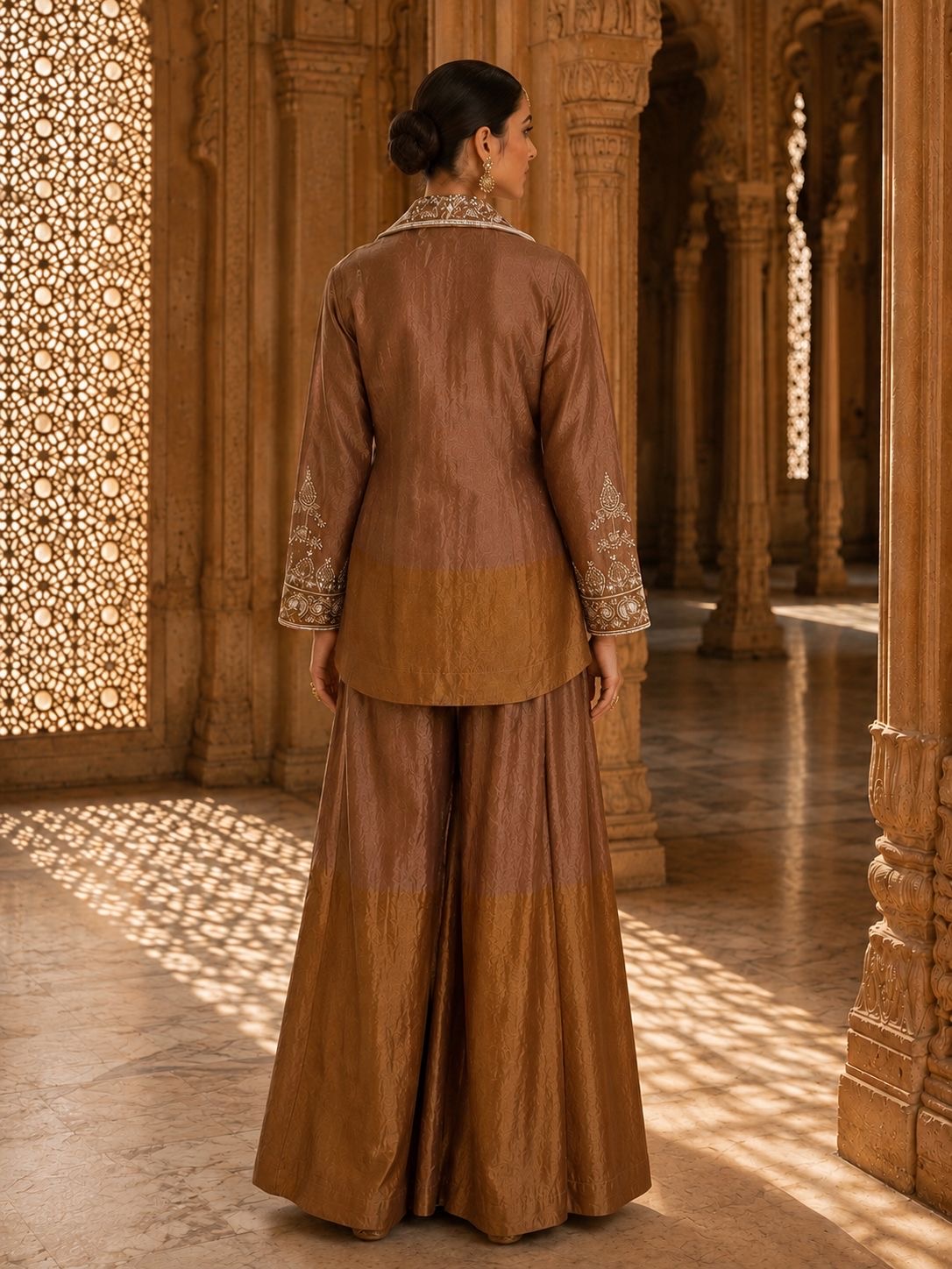 Brown Embroidered Jacket with Two-Toned Sharara — Indo Western Set