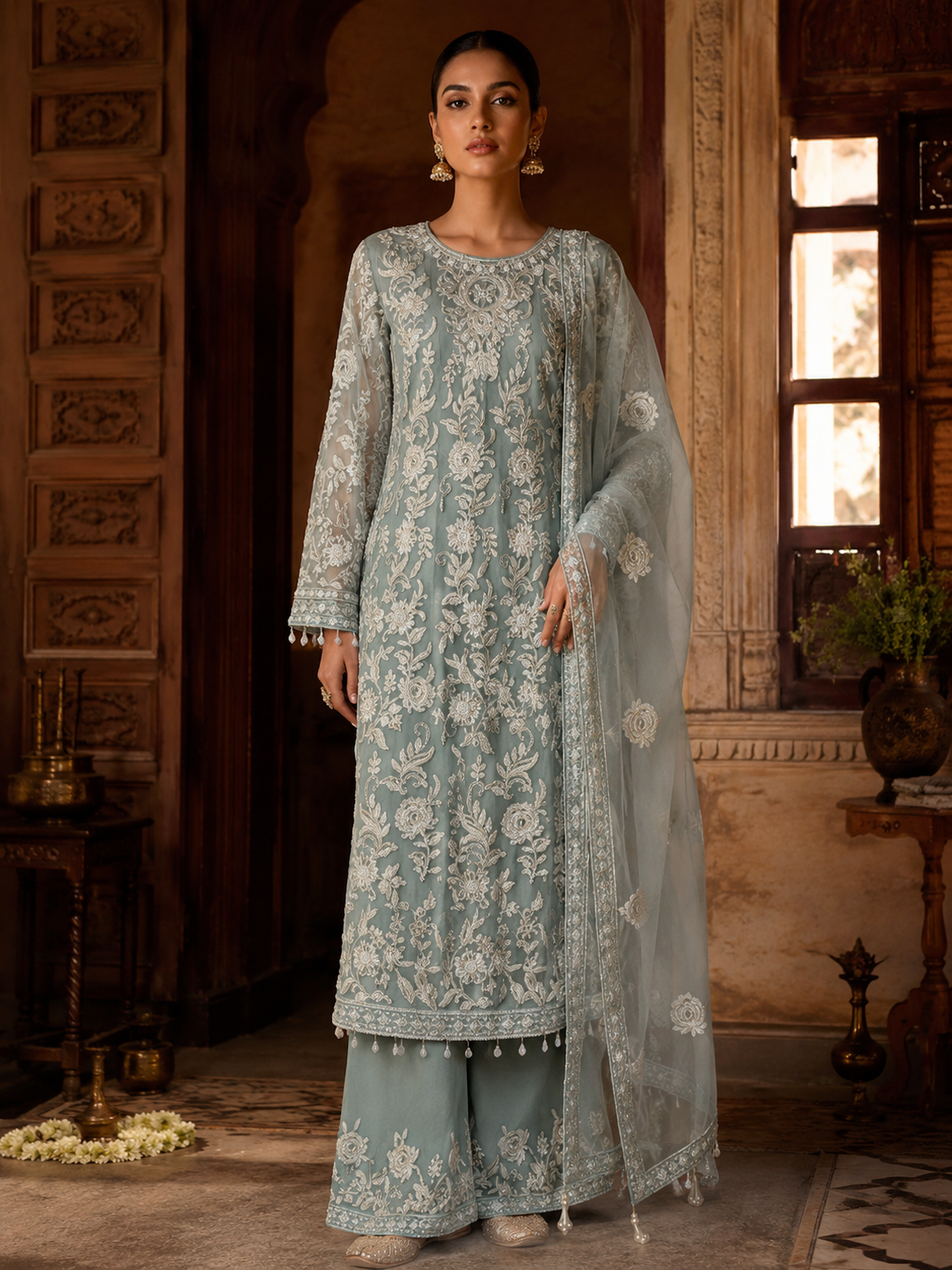 Dusty Blue Floral Embroidered Kurta Set with Shell-Drop Detailing, Palazzo & Dupatta