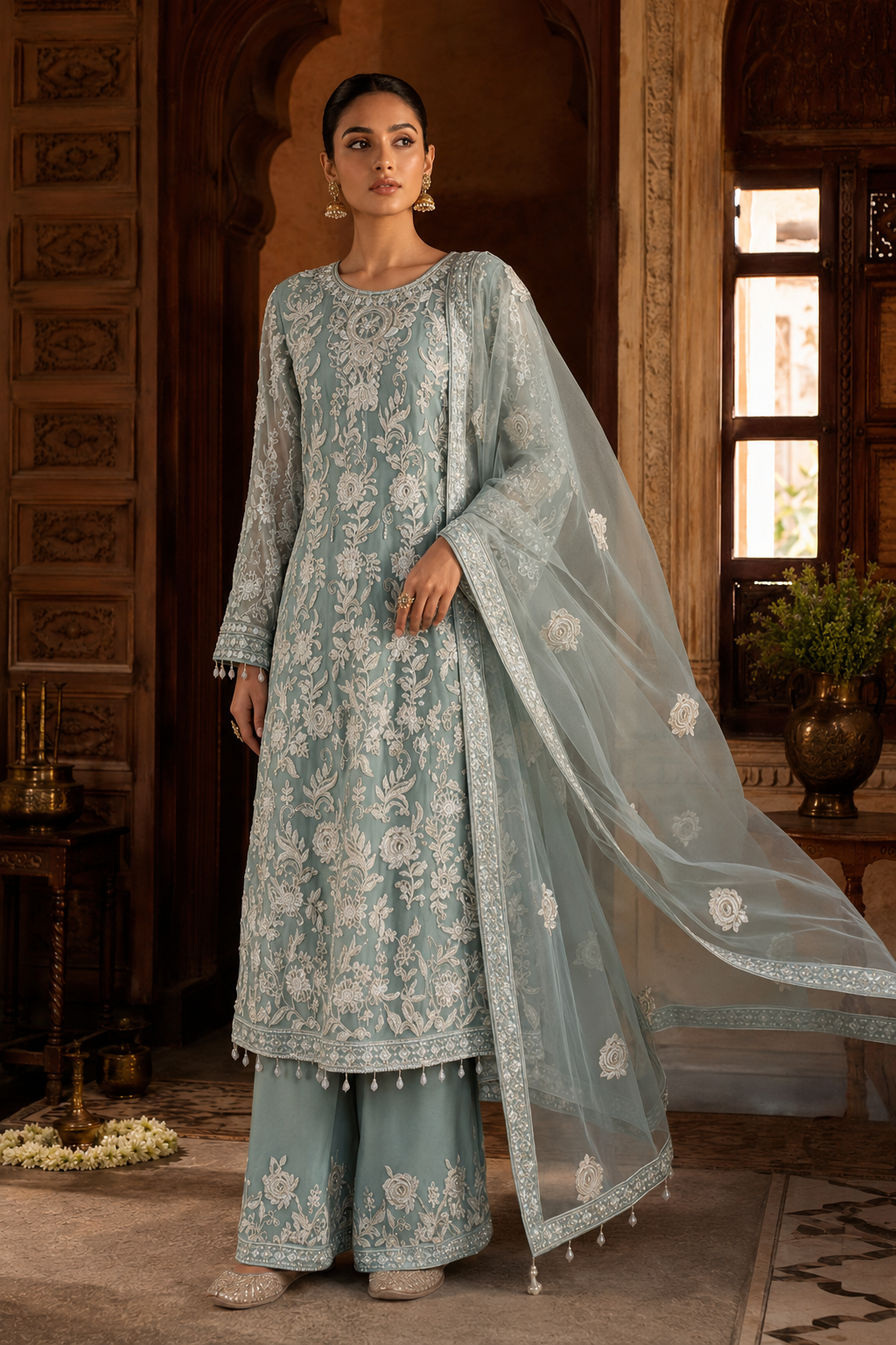 Dusty Blue Floral Embroidered Kurta Set with Shell-Drop Detailing, Palazzo & Dupatta
