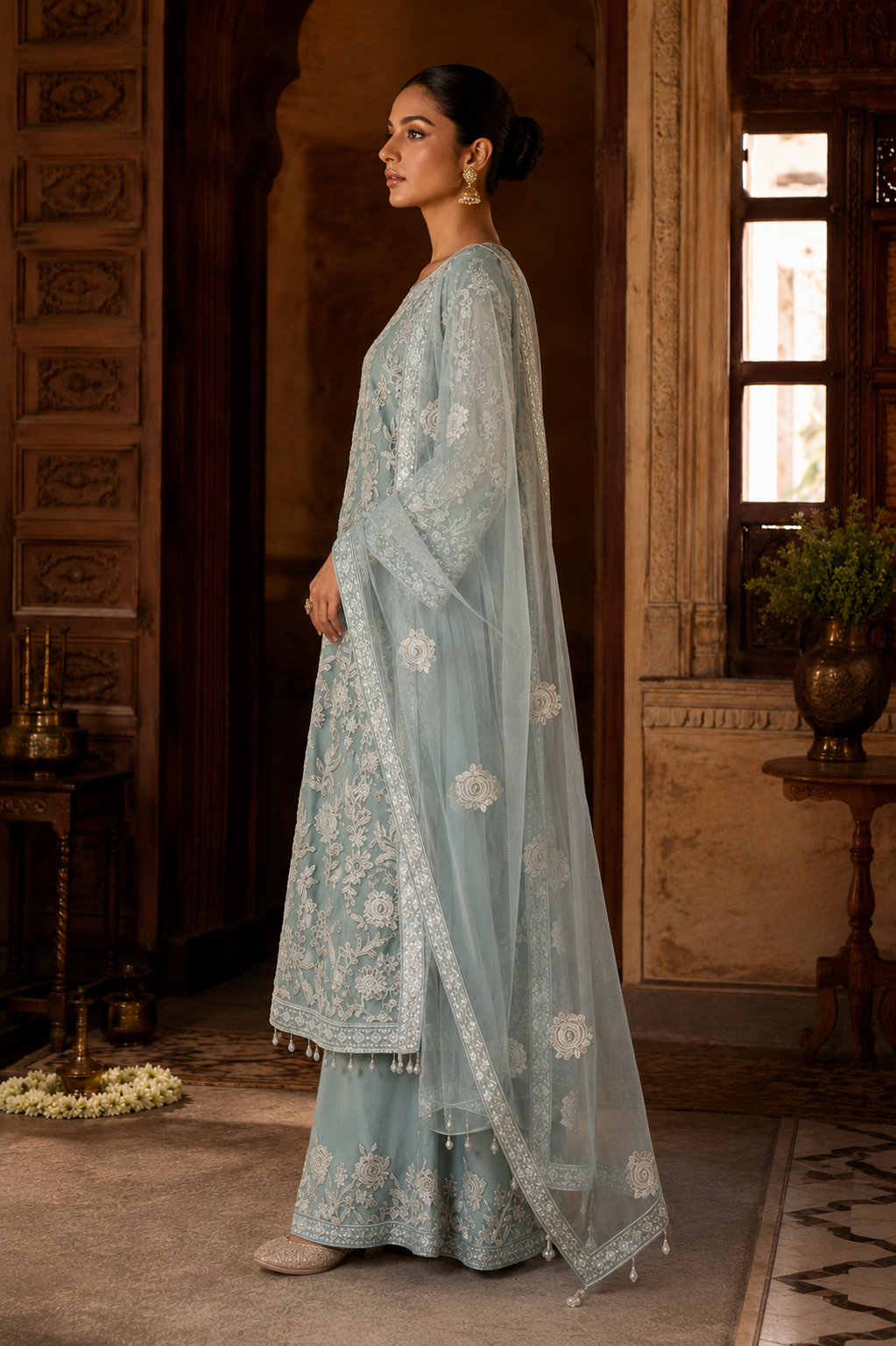 Dusty Blue Floral Embroidered Kurta Set with Shell-Drop Detailing, Palazzo & Dupatta