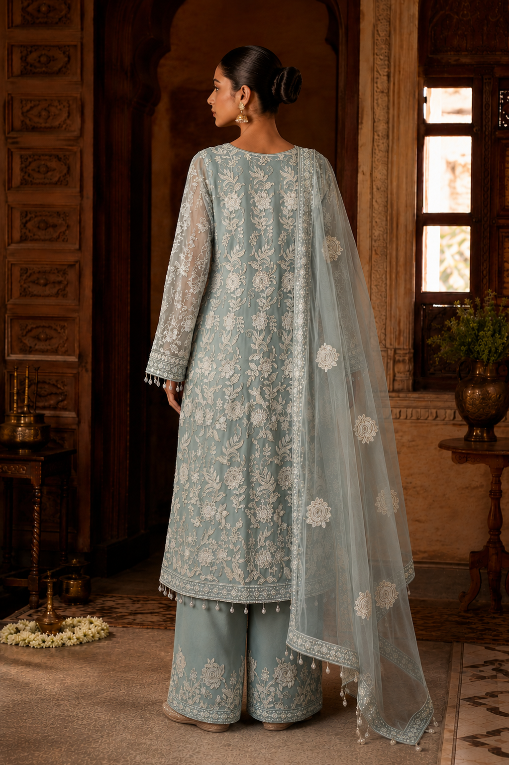 Dusty Blue Floral Embroidered Kurta Set with Shell-Drop Detailing, Palazzo & Dupatta
