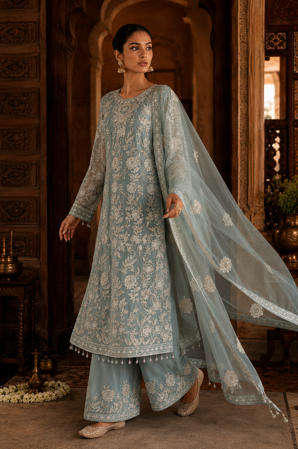 Dusty Blue Floral Embroidered Kurta Set with Shell-Drop Detailing, Palazzo & Dupatta