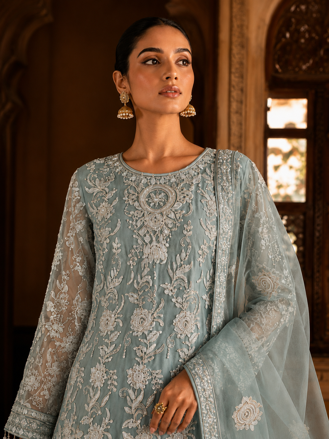Dusty Blue Floral Embroidered Kurta Set with Shell-Drop Detailing, Palazzo & Dupatta