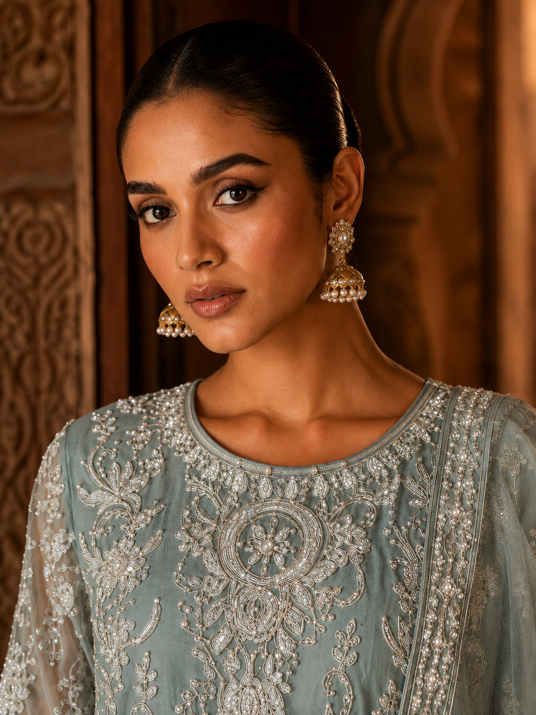 Dusty Blue Floral Embroidered Kurta Set with Shell-Drop Detailing, Palazzo & Dupatta