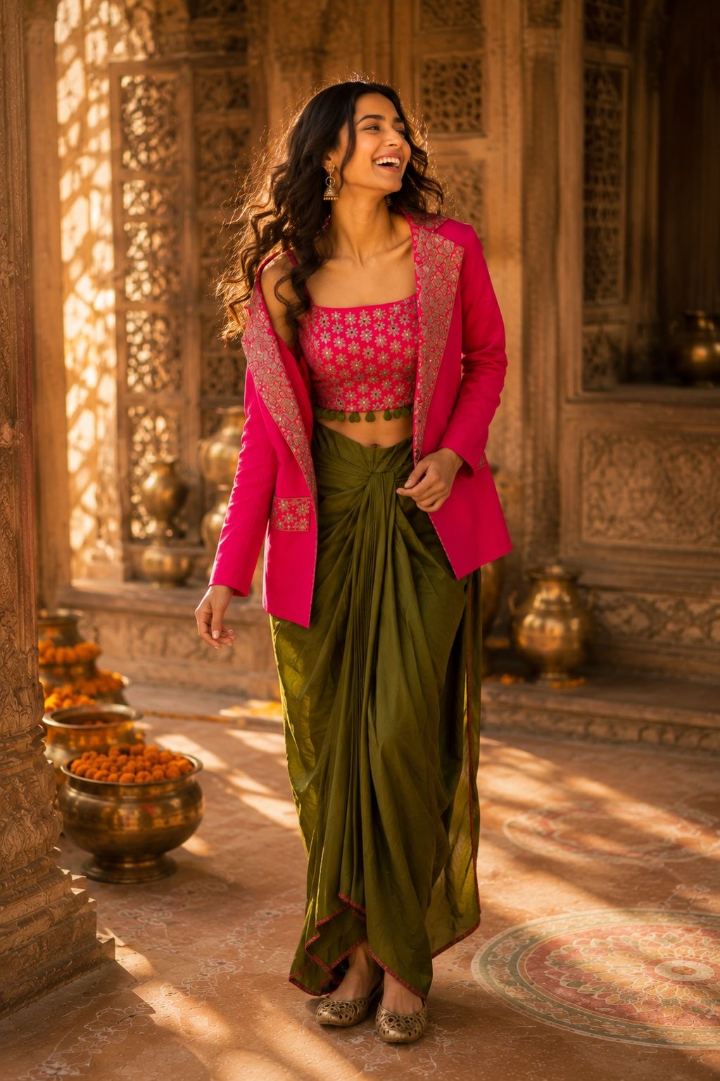 Fuchsia Embroidered Jacket with Draped Skirt & Crop Top — Indo Western Set