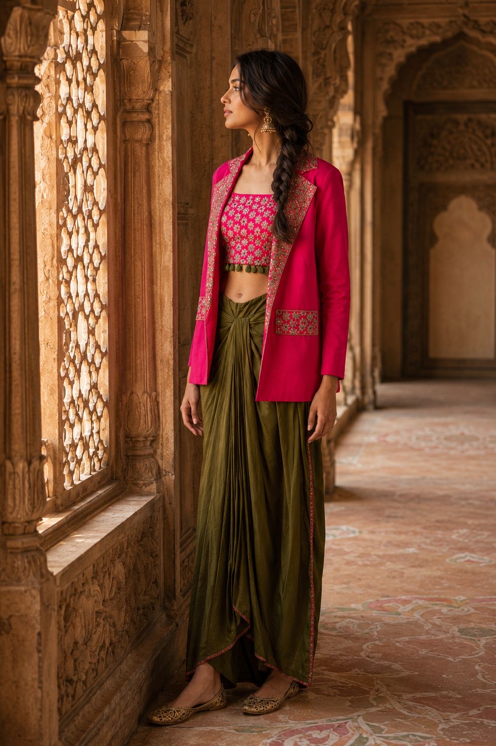 Fuchsia Embroidered Jacket with Draped Skirt & Crop Top — Indo Western Set