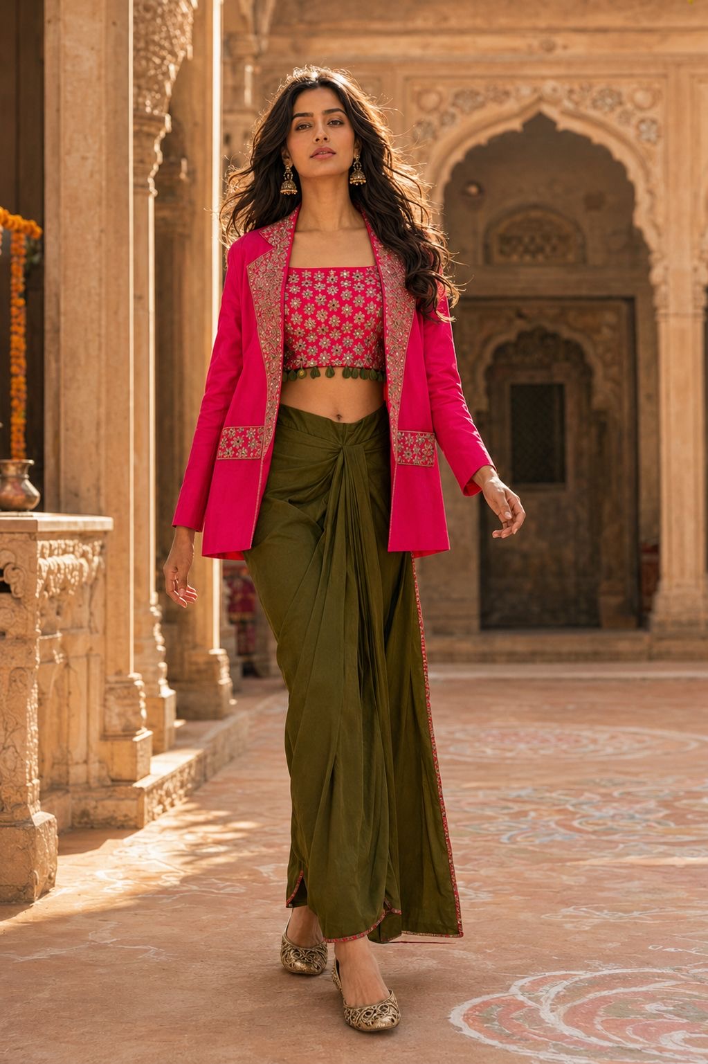 Fuchsia Embroidered Jacket with Draped Skirt & Crop Top — Indo Western Set