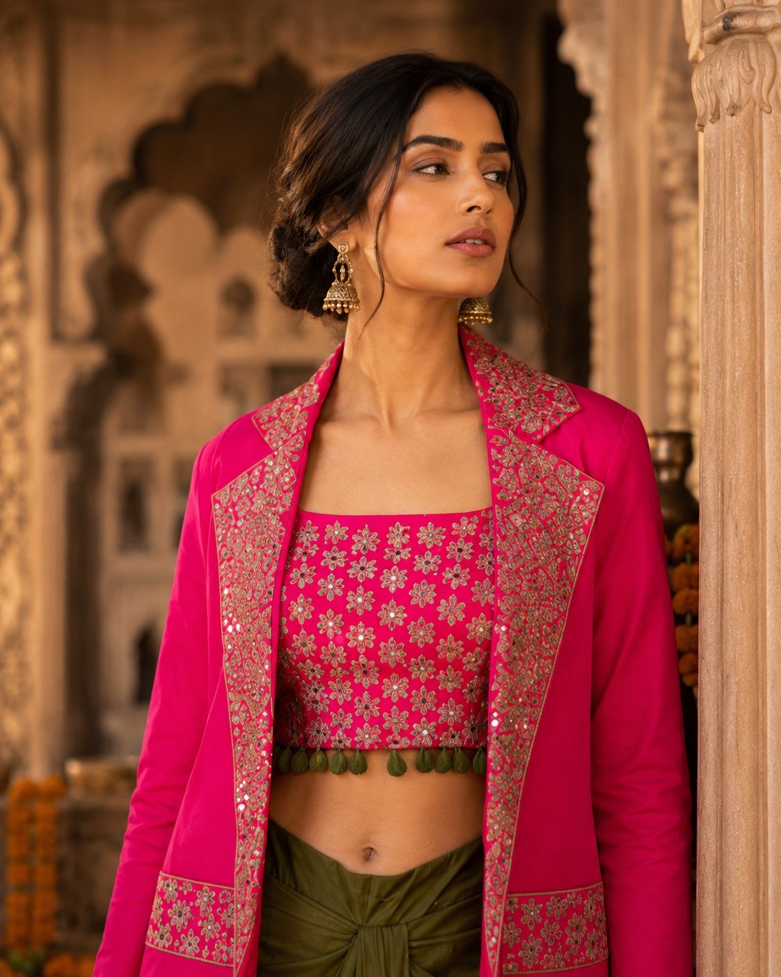 Fuchsia Embroidered Jacket with Draped Skirt & Crop Top — Indo Western Set