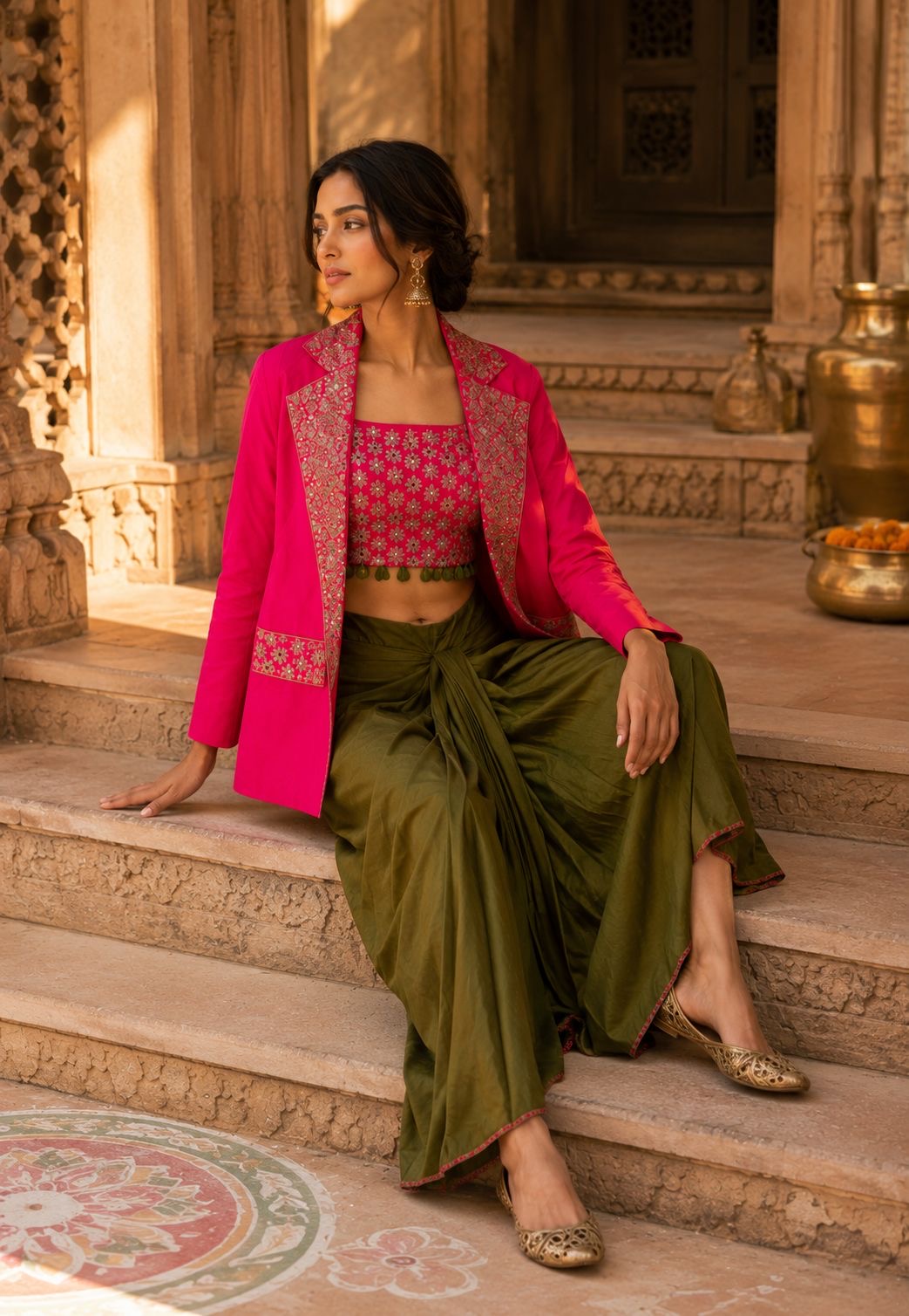 Fuchsia Embroidered Jacket with Draped Skirt & Crop Top — Indo Western Set